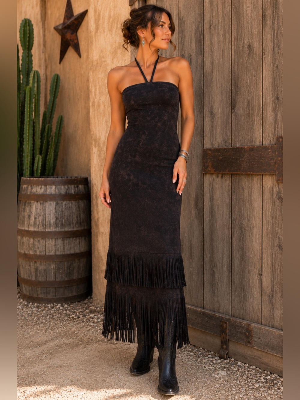 Rancho Estancia NWT Fringe Bodycon Halter Dress Western Festival Boho Chic SizeL